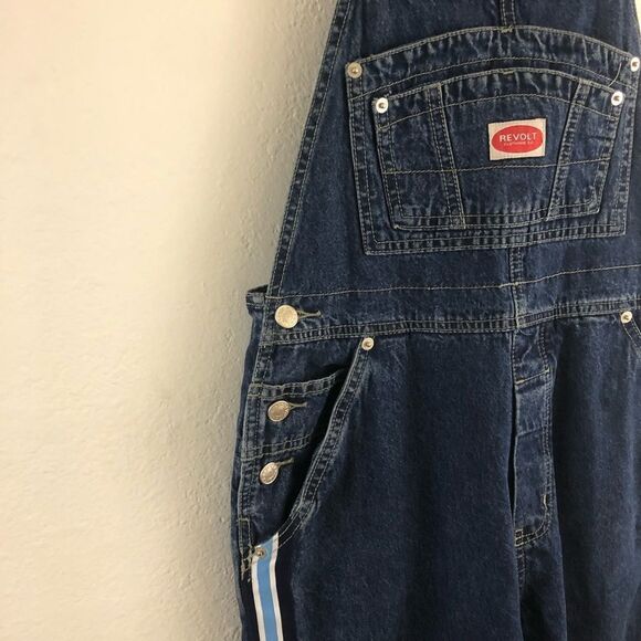 Revolt  classic denim bin overalls blue strip lines on side size M - Picture 3 of 11
